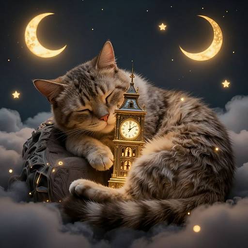 Dreamy photograph of a sleeping tabby cat curled around a glowing clock tower, surrounded by crescent moons, stars, and clouds.
