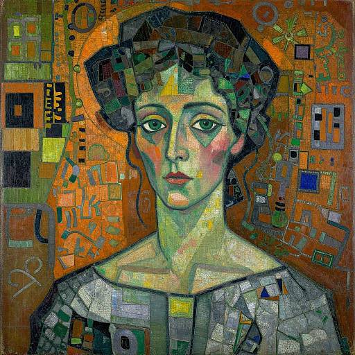 Expressionist-style painting of a young woman with green and brown mosaic-like face, wearing a gray garment, against an orange, geometric-patterned background.