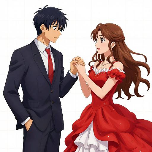 Anime-style drawing of a black-haired man in a suit and red tie holding hands with a brown-haired woman in a red dress.