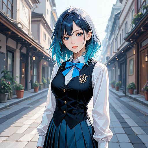 Digital anime-style drawing of a blue-haired girl with blue eyes, wearing a black vest and pleated skirt, standing in a sunlit, European-style
