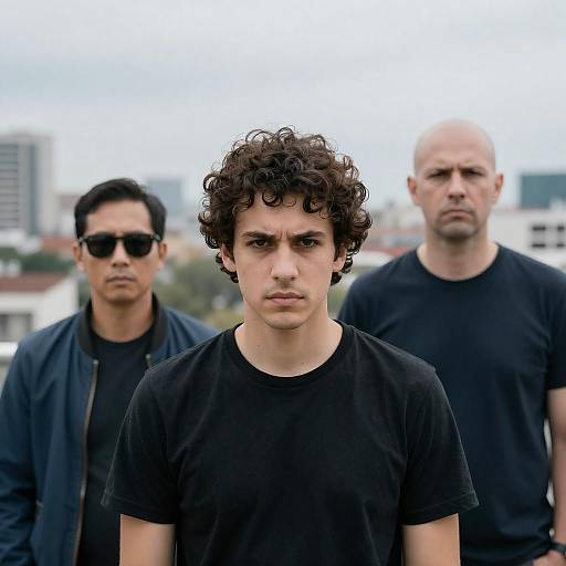 Three Men with Serious Expressions in Urban Setting