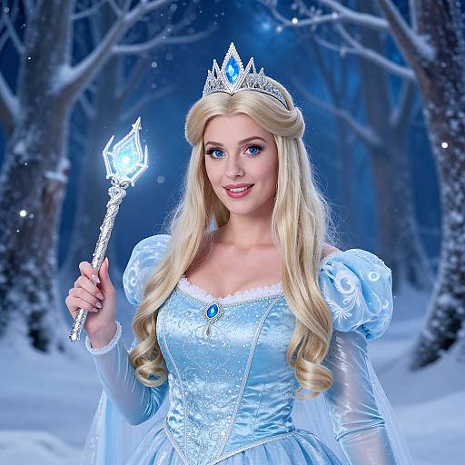 Photorealistic digital art of a blonde princess with blue eyes, wearing a silver crown, blue lace dress, holding a glowing wand, in a snowy