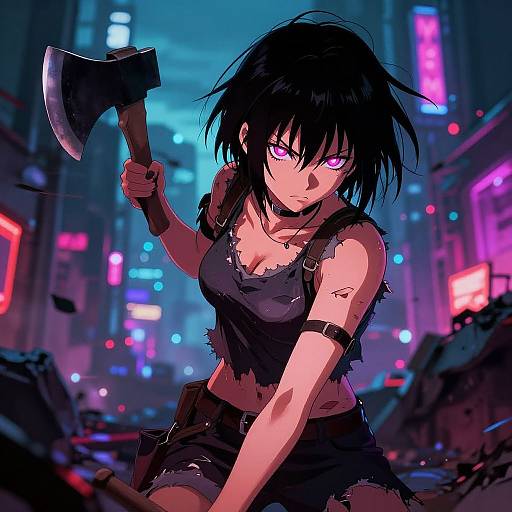 Digital anime-style drawing of a fierce, black-haired woman with glowing purple eyes, holding a large axe in a neon-lit, dystopian city street