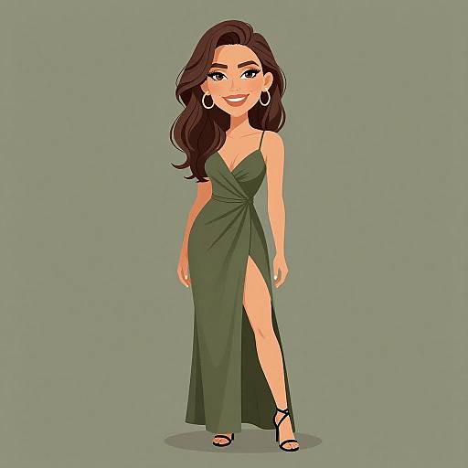 Digital illustration of a smiling woman with long brown hair, wearing a green, sleeveless, high-slit gown, and black strappy heels.