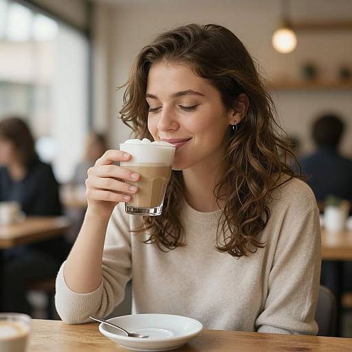 Photograph of a smiling young woman with wavy brown hair, wearing a beige sweater, sipping a frothy coffee in a cozy, softly lit