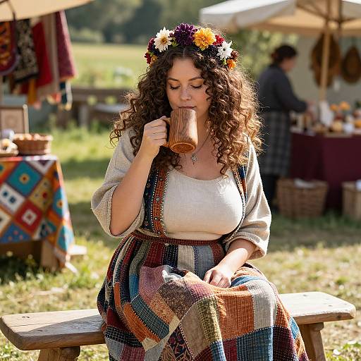 Photograph of a curly-haired woman with a flower crown, wearing a white blouse and colorful patchwork dress, sipping from a wooden mug at an