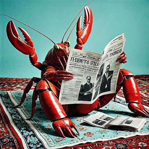 Dadaist Lobster Reading Newspaper on Flying Carpet