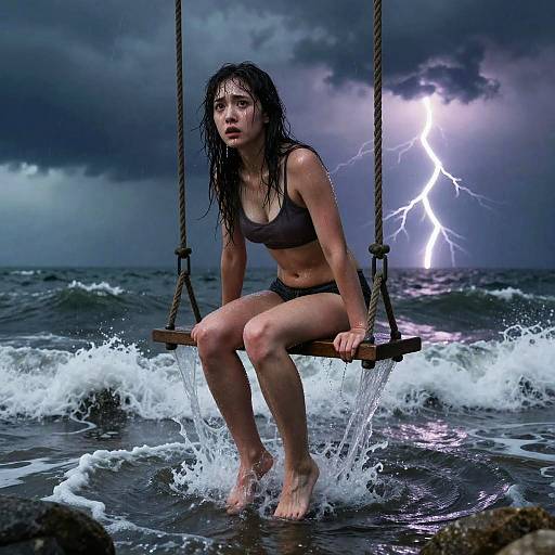 Photograph of a wet, dark-haired woman in a black sports bra and bikini, sitting on a wooden swing in turbulent ocean waves during a storm with
