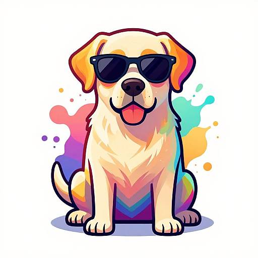 Colorful digital illustration of a yellow Labrador Retriever wearing black sunglasses and sitting with tongue out, surrounded by vibrant splashes.