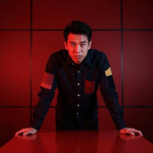 Red-Illuminated Reflection of a Man