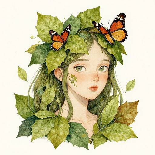 Young Woman with Leaves and Butterflies