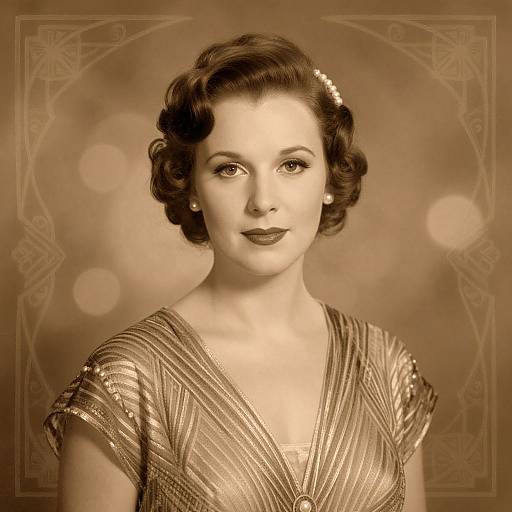 Sepia-toned portrait of a 1940s-style woman with wavy dark hair, pearl earrings, and a shimmering, V-neck dress