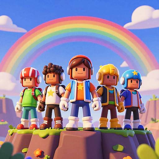 Digital artwork of five colorful, cartoonish video game characters standing on a rocky hill with a vibrant rainbow and blue sky in the background.