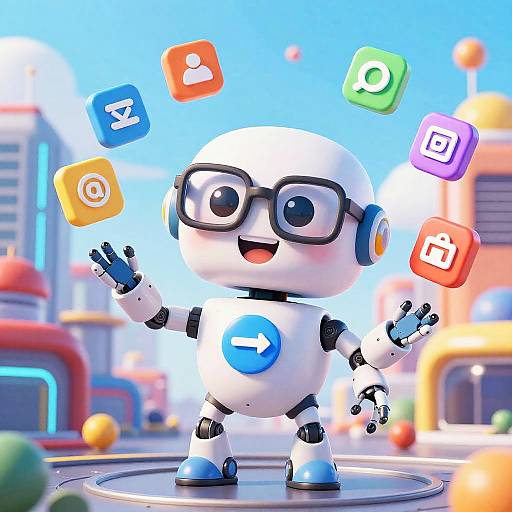 CGI image of a cute, white, robotic character with black glasses, blue arrow on chest, holding floating app icons, in a vibrant, futuristic