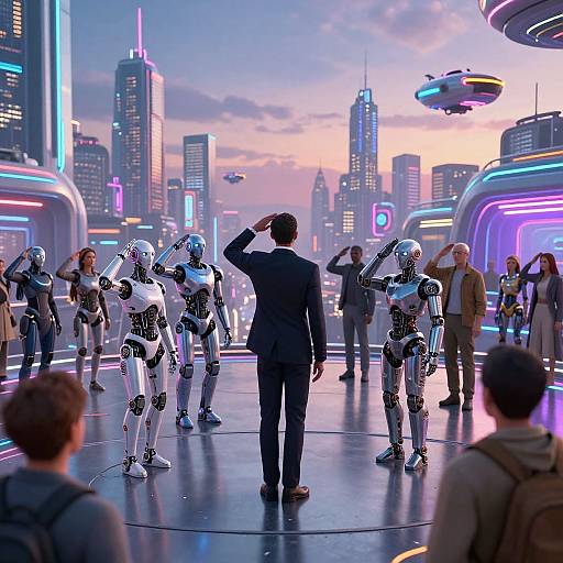 Digital artwork of a futuristic cityscape at sunset; a man in a suit salutes six humanoid robots, surrounded by diverse onlookers. Neon lights