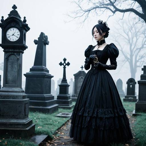 Widow in Victorian Gown in Foggy Cemetery