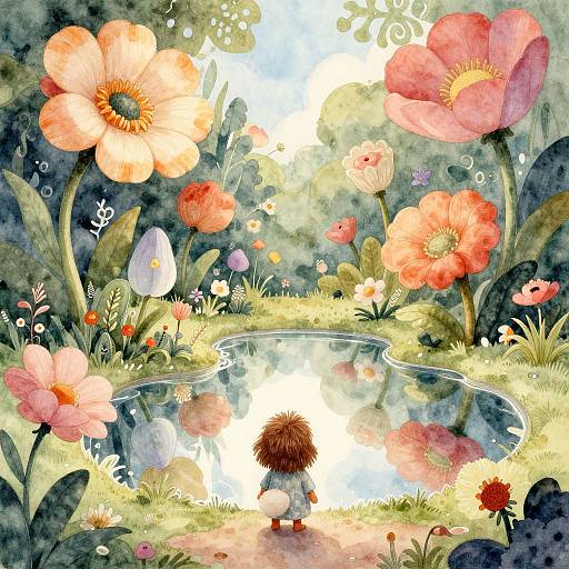Whimsical watercolor illustration of a small, spiky-haired child standing by a reflective pond surrounded by vibrant, oversized flowers and lush greenery.