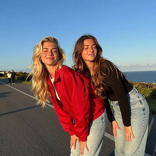 Playful Sunset Pose of Two Friends