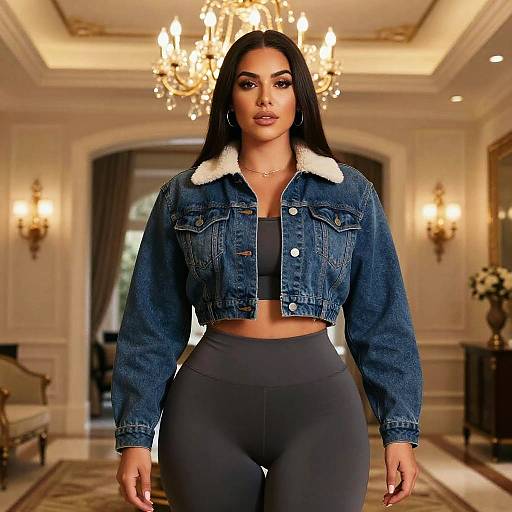 Photograph of a confident, curvy woman with long black hair, wearing a denim jacket with white shearling collar, black sports bra, and high
