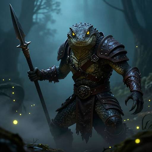 Digital artwork of a reptilian warrior with glowing yellow eyes, wearing dark, metallic armor, holding a spear, in a misty, blue-lit