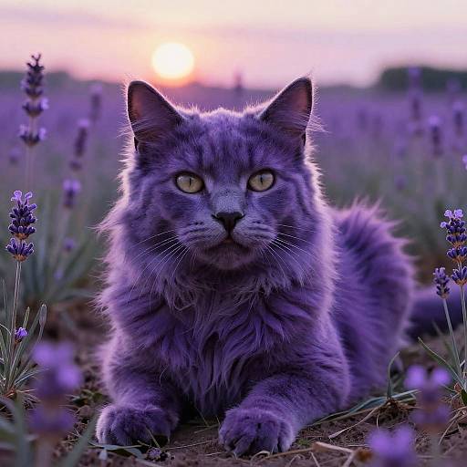 Photograph of a purple-furred, long-haired cat with yellow eyes, lying in a lavender field at sunset, surrounded by blooming purple flowers.