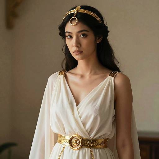 Woman in Greek Goddess Costume with Gold Accessories