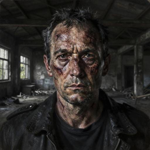 Somber Charcoal Portrait of Scarred Man