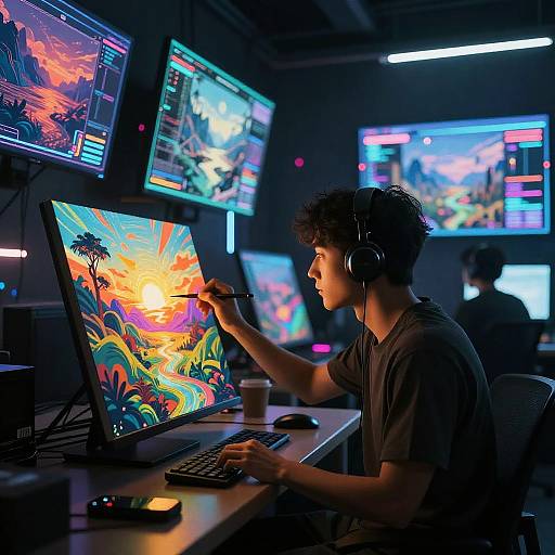 Photograph of a young man with curly hair, wearing headphones, creating vibrant digital art on a laptop in a neon-lit gaming studio, surrounded by