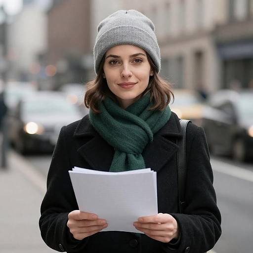 Urban Woman with Beanie and Papers
