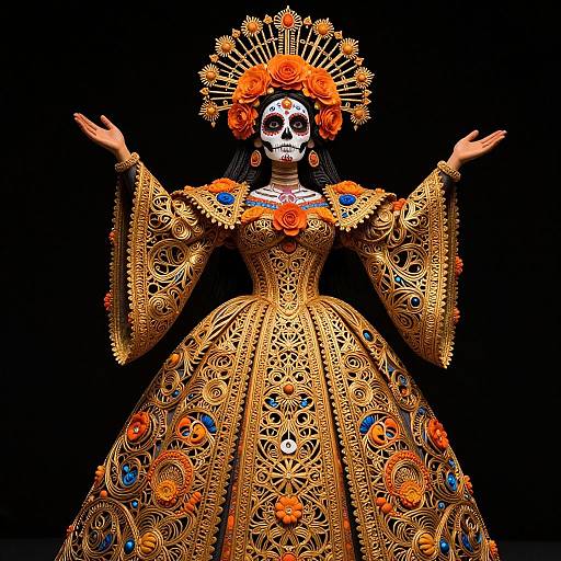 Photograph of a Day of the Dead-inspired woman with white-painted face, ornate gold and orange embroidered dress, and floral headdress, arms