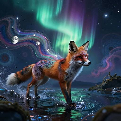 Androgynous Cosmic Fox Unfurling Aurora Ribbons