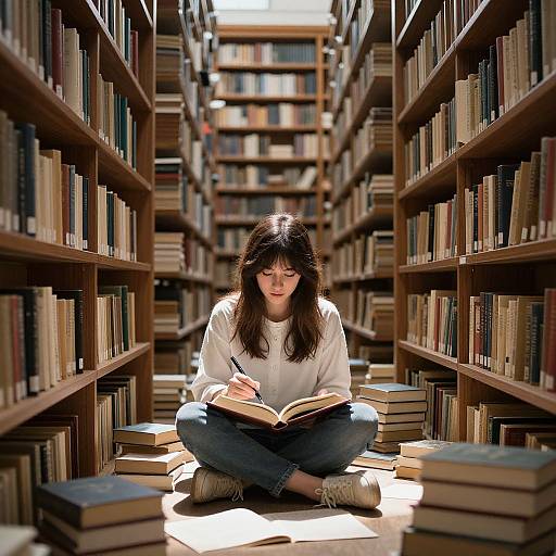 Photograph of a young woman with long brown hair, wearing a white sweater and blue jeans, sitting cross-legged on the floor of a library aisle,