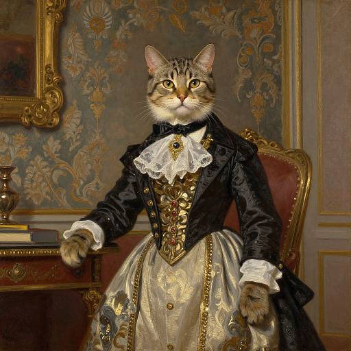 Photorealistic painting of a regal tabby cat in an 18th-century-style black and gold dress with white lace, seated on an orn
