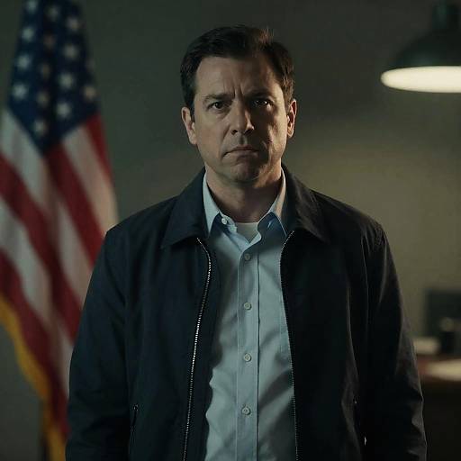 Serious Man Standing Indoors with American Flag