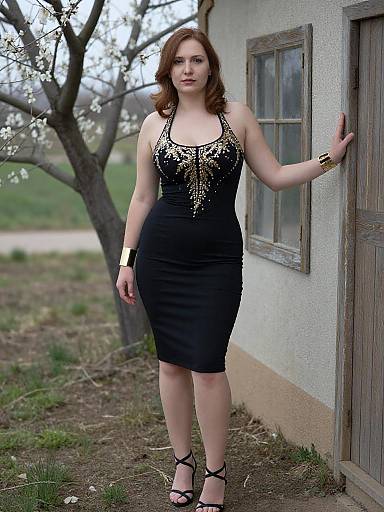 Photograph of a fair-skinned, red-haired woman in a black, form-fitting dress with gold embroidery, standing outside near a wooden door.