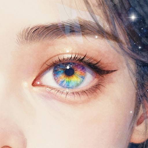 Close-up photograph of a woman's eye with vibrant blue and yellow iris, long eyelashes, and sparkling white highlights, set against a blurred, star