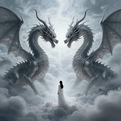 Digital artwork of two large, silver-scaled dragons with glowing eyes facing each other, surrounding a small, silhouetted figure in a white dress