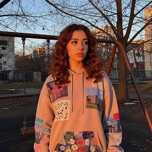 Photograph of a young woman with curly brown hair, wearing a colorful, patterned hoodie, standing in a sunlit, leafless park at sunset