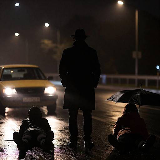 Rainy Night Scene with Silhouetted Figures