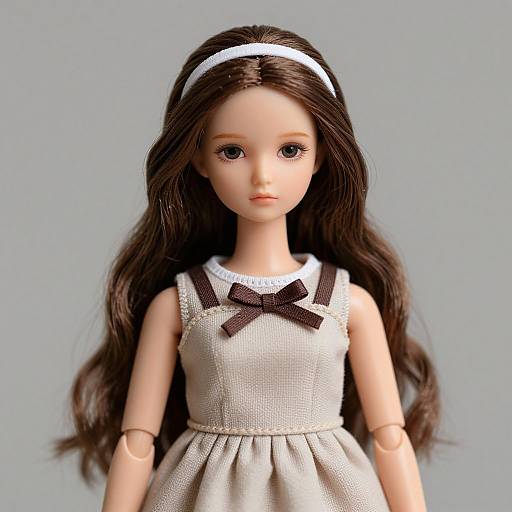 Photograph of a doll with long brown hair, white headband, gray dress with black bow, and neutral expression, against plain gray background.