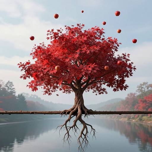 Surreal Gravity-Defying Crimson Tree