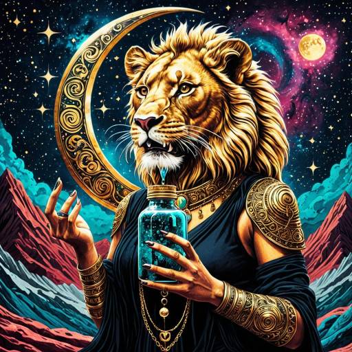 Anime Lioness with Crescent Moon and Mystical Liquid