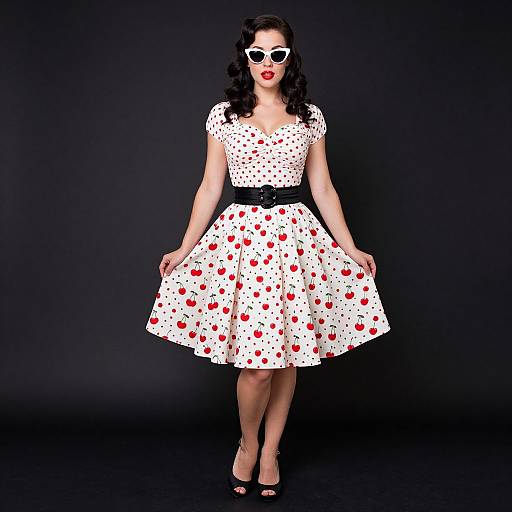 Photograph of a curvy woman with fair skin, black wavy hair, red lipstick, white polka dot dress with red hearts, black belt