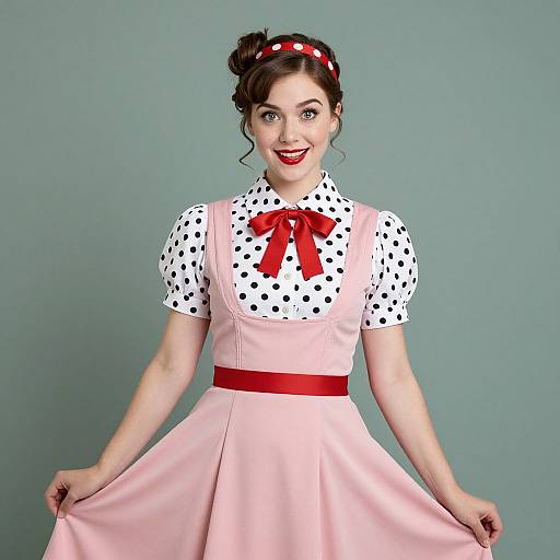 Photograph of a smiling woman with fair skin, red lipstick, and dark hair in a polka dot headband, wearing a pink dress with a