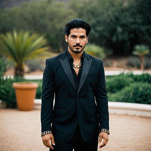 Man in Black Suit with Jewelry Outdoors