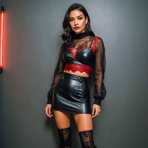 V-Taper Woman in Black Leather Mini Skirt and Sheer Red Lace Bralette