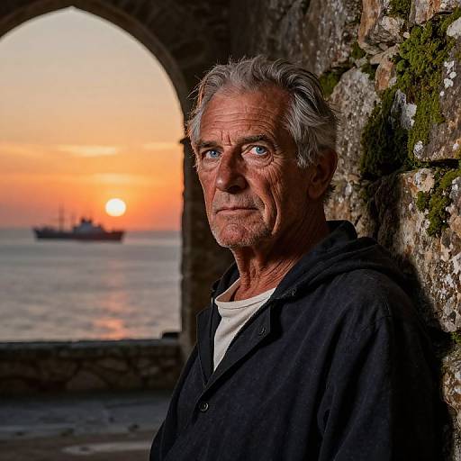Photograph of an elderly man with gray hair, wearing a black hoodie, leaning against a mossy stone archway at sunset, with a ship on