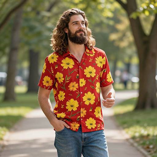 Photograph of a bearded man with long curly brown hair, wearing a red floral shirt and blue jeans, walking in a sunlit park.