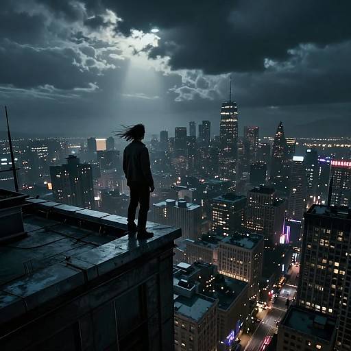 Silhouetted figure standing on rooftop, gazing at moonlit, cloud-covered cityscape with illuminated skyscrapers and streets below, in digital