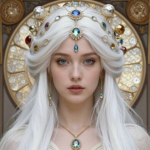 Digital artwork of a fair-skinned, blue-eyed woman with white hair, adorned in a jeweled crown and necklace, set against a gold and circular
